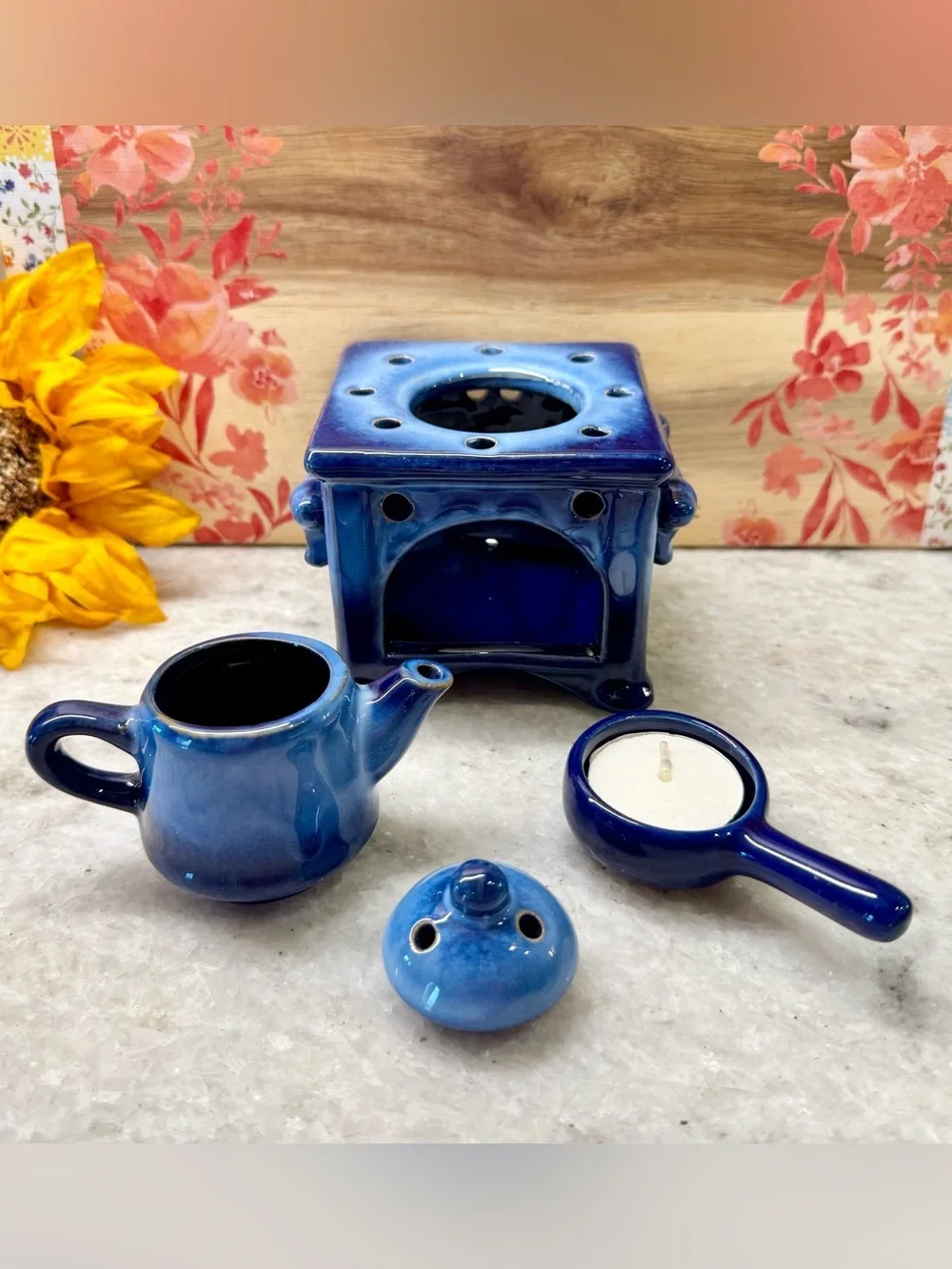 New Rustic Blue Ceramic Stove & Tea Pot Tea Light Candle Oil Warmer Diffuser 6”